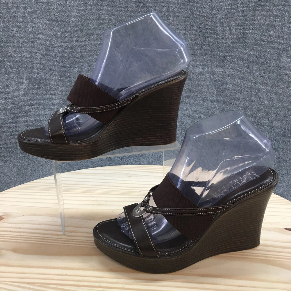 Sapatos de Salto Italiano Feminino 8 Cunha Slide Couro Marrom Feito na Itália - Imagem 2 de 4