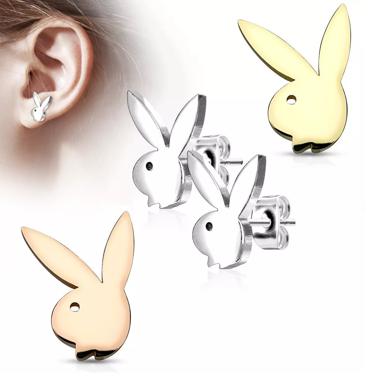 Pair Playboy Bunny 316L Stainless Steel Stud Earrings Gold Silver Rose Gold