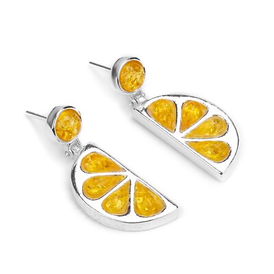 Lemon Slice Fruit Earrings 925 Sterling Silver Yellow Amber Tropical Jewellery