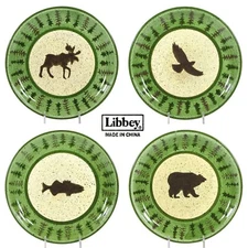 Libbey RUSTIC LODGE 8.5" Salad Plate Set 4 Green Brown Moose Eagle Fish Bear
