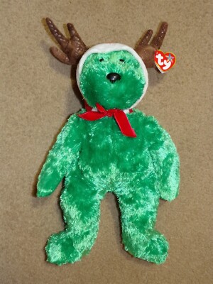 Ty Beanie Buddy 2002 Holiday Teddy Green Bear w/ Antlers