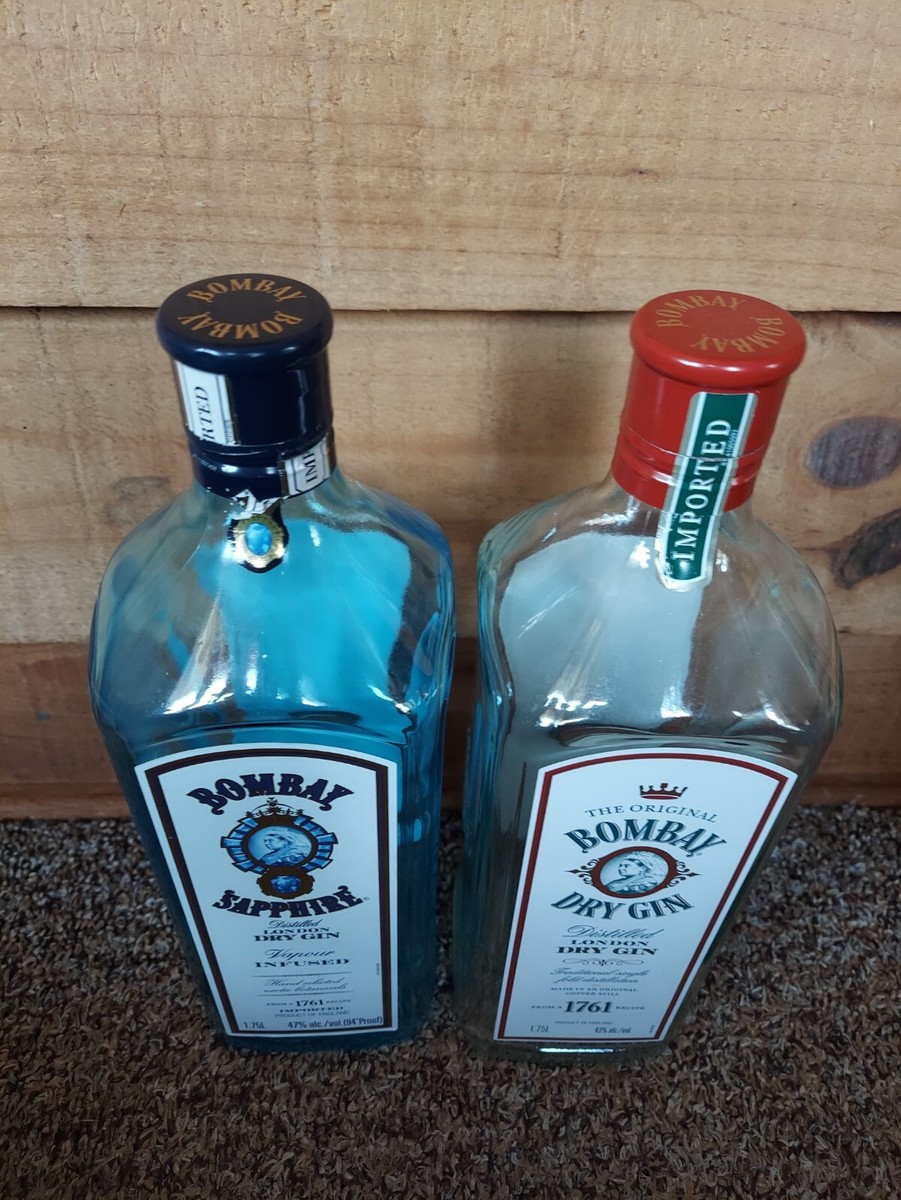 1 BLUE BOMBAY SAPPHIRE GIN BOTTLE, 1 BOMBAY DRY GIN, 1.75L Empty w