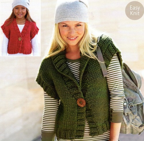 Easy Damen + Mädchen super grobe ärmellose Jacke Strickmuster 26-36 Inch