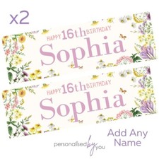 2x Personalised HAPPY BIRTHDAY BANNER Banners LARGE Party Poster Wild Flowers