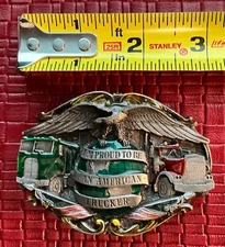 VTG American Trucker Belt Buckle Pewter & Enamel Bergamot Brass Works 1985 Proud