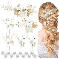 18 Pieces Bridal Wedding Party Prom Pearl Rhinestone White Flower Gold White