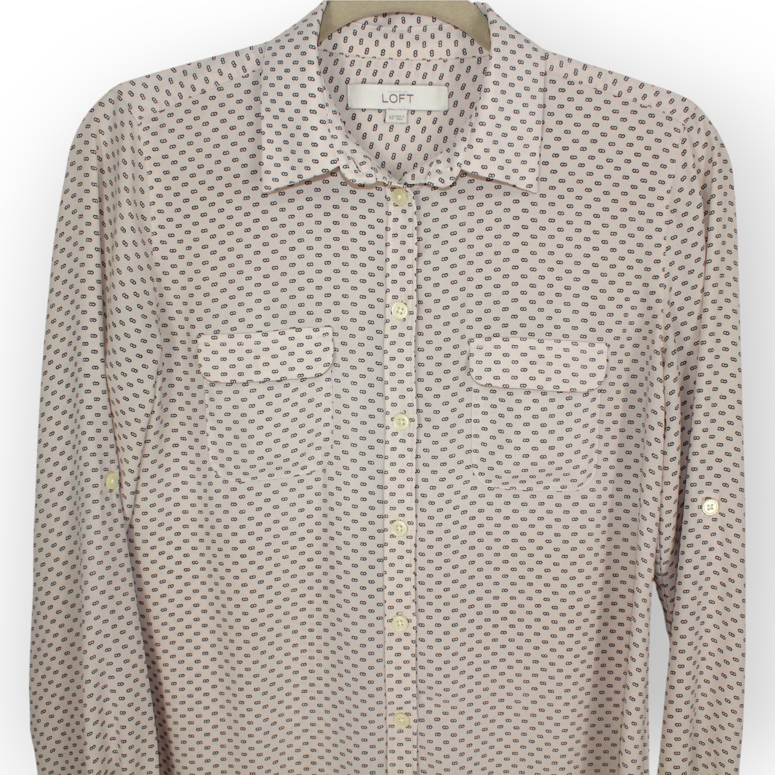 AnnTaylor LOFT XS GeoPrint Chiffon RollTab ButtonUp Blouse with Chest Pocket Free Shipping