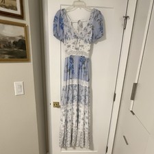 Altar'd State Blue Floral Puff Sleeve Maxi Dress with Lace Accents V-Neck XS