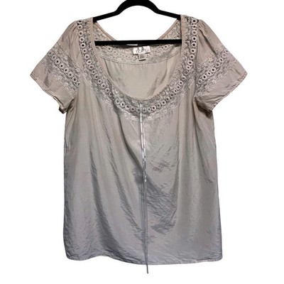 LOFT Lace Trim Blouse 14 Gray Silk Blend Coquette Fairy Ethereal Lagenlook Airy