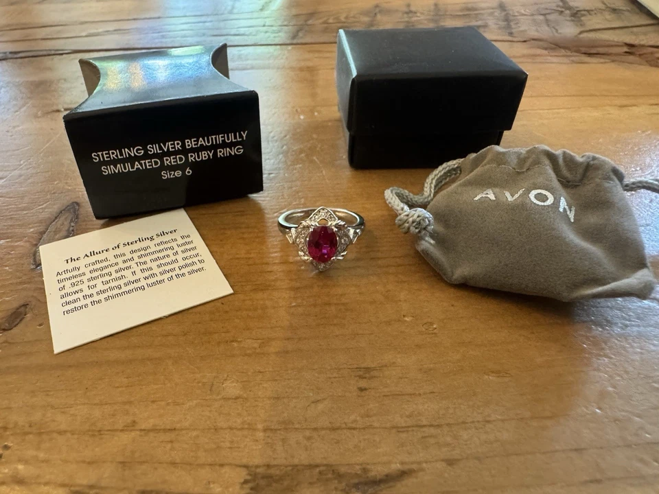 Avon Sterling Silver 925 Simulated Ruby Ring Size 6 Rhinestone Halo NVC NIB - Image 4 of 4