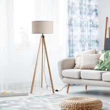 Image of Wood Tripod Floor Lamp Home Lighting Elegant E27 Bulb Linen Lamp Shade Beige