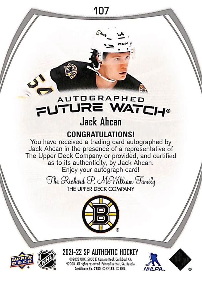 2021-22 SP Authentic Future Watch Auto Jack Ahcan /999 RC #107  - Image 4 of 4