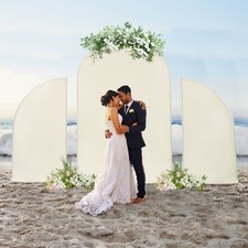 Wedding Arch White Frame with Beige Fabric Cover Triple Archway for Ceremony