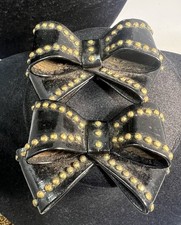 Vintage Black Hard Plastic w/Brass Beads Retro Mid Century Bow Shoe Clips