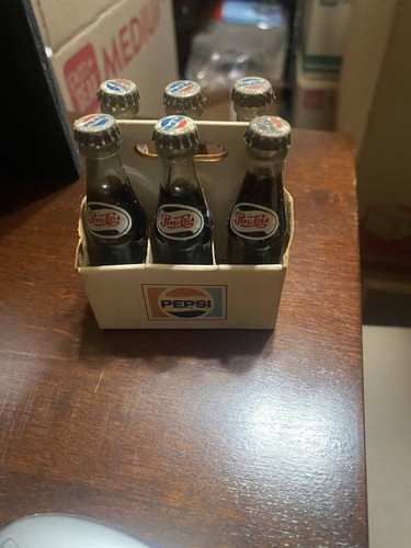 Vintage Pepsi Cola Miniature 6 Pack Bottle Carrier w/ 6 Full Glass Bottles & Cap