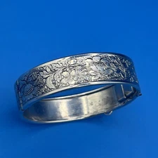 Vintage Cora Bangle Bracelet Silver Tone Etched Flowers 7.5