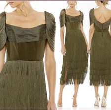 Mac Duggal Short Sleeve Fringe Detailed Midi Dress Olive NWT $898 Sz 14 20568