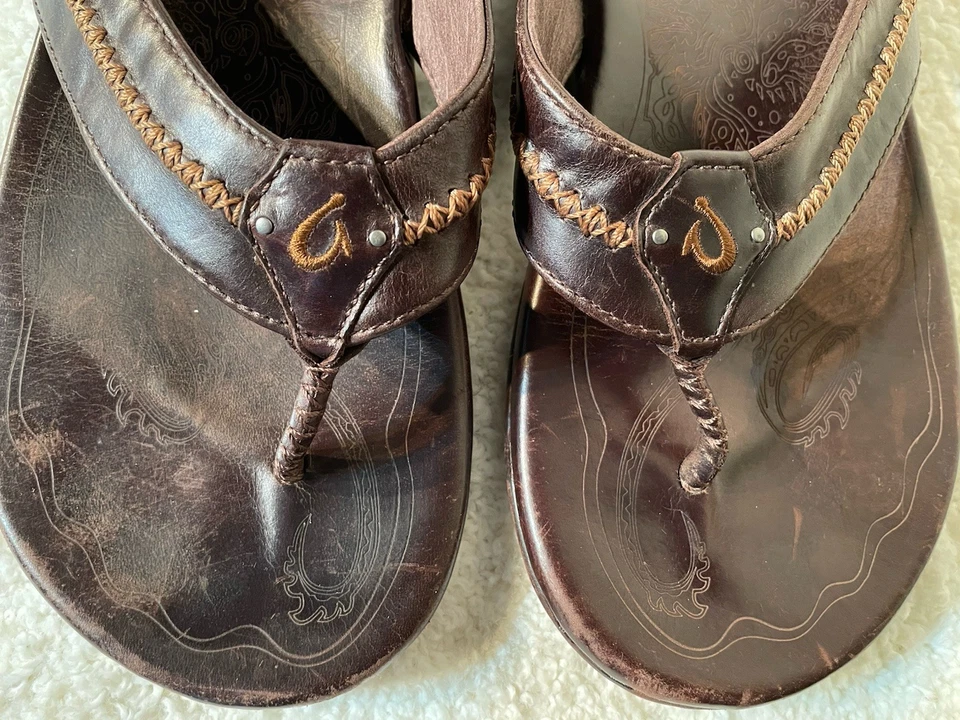 Мужские сандалии Olukai 10 M Mea Ola темно-яванские коричневые кожаные стринги шлепанцы пляжные - Изображение 2 из 4