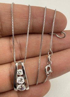 Sterling Silver 925 Women's 3 Stone CZ Bar Pendant Necklace Box Chain 18" Inches