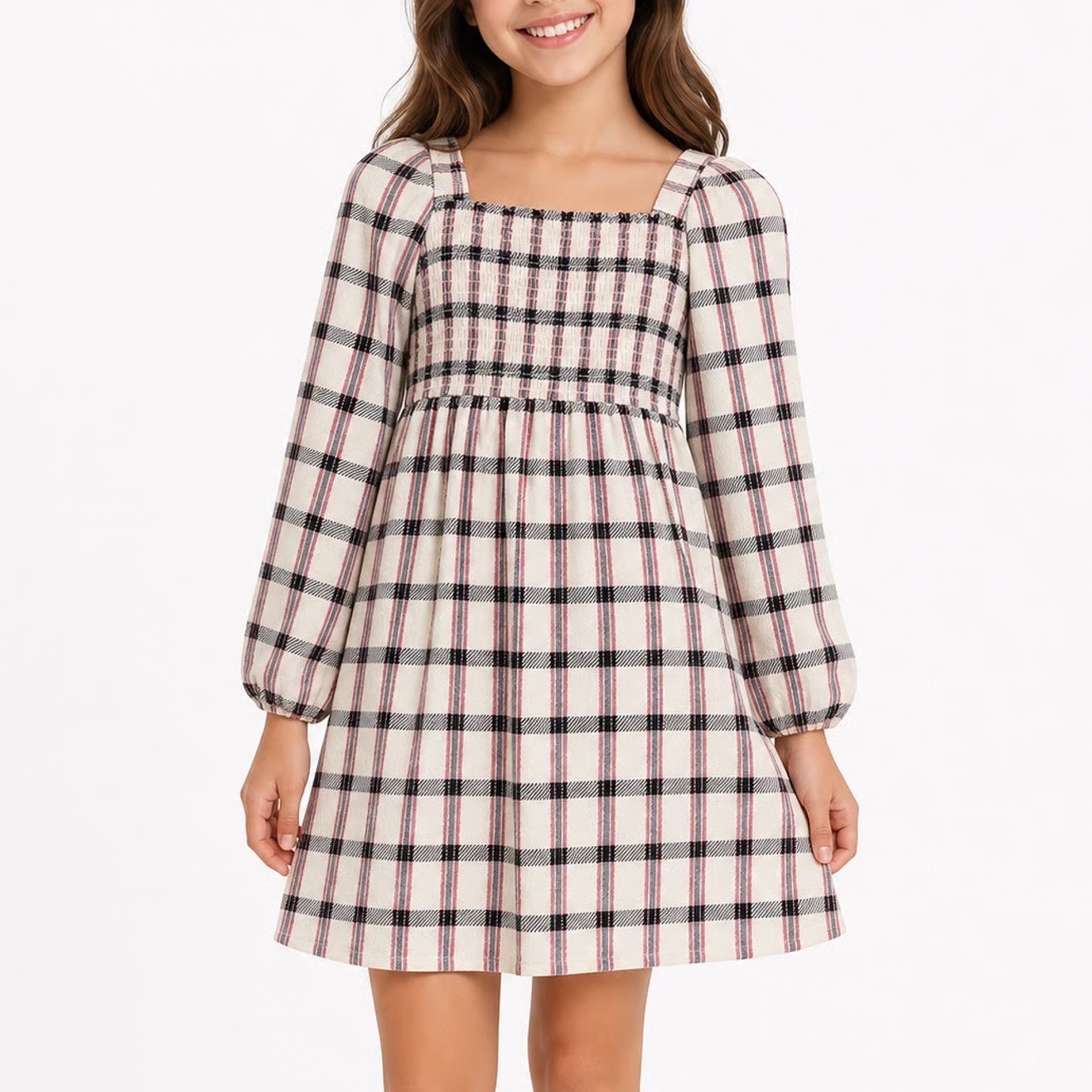 Wonder Nation Girls Plaid Smocked Long Sleeve Dress Cream Black Red L 10-12