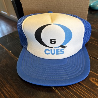 Vintage S Q CUES Trucker Hat Snapback Mesh Blue White Billiards