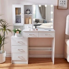 Makeup Vanity Set 10 LED Lighted Mirror Dressing Table Dresser Desk w/6 Drawer