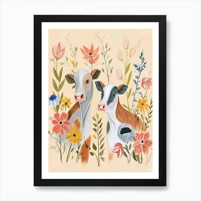 Folksy Floral Tier Zeichnung Kuh 4 gerahmte Wandbilder Poster Leinwanddruck Bild
