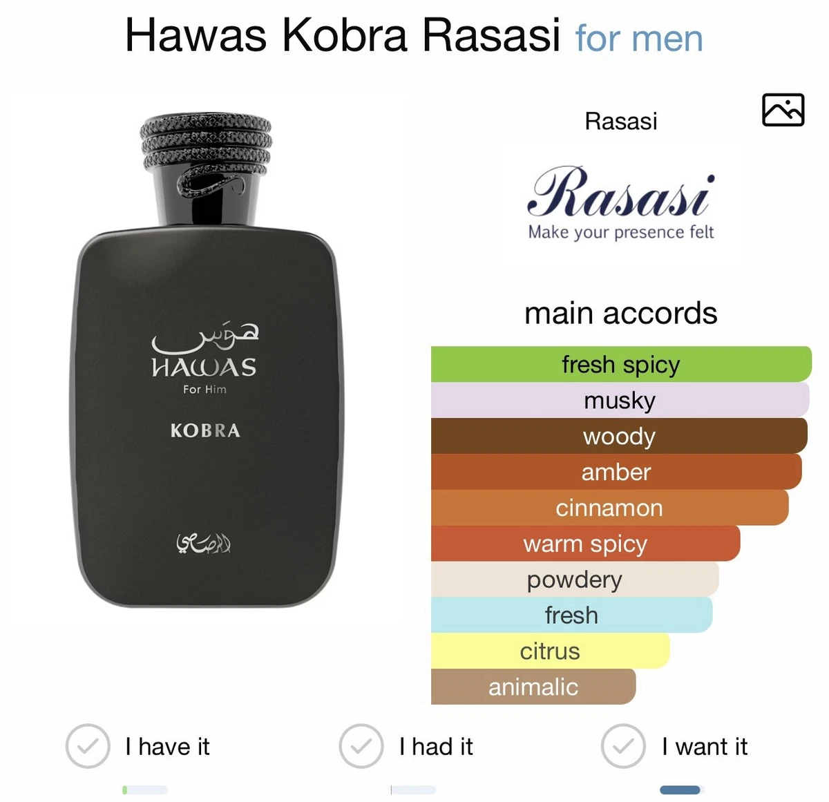 Rasasi Hawas Kobra 100ml / 3.3 oz EDP Eau De Parfum Spray for Men