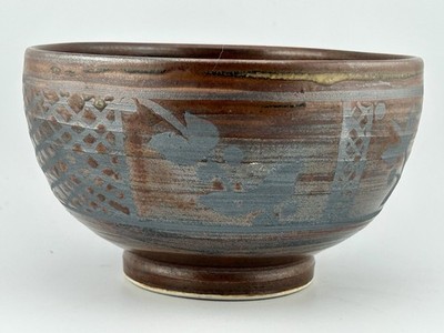 Studio Pottery Ceramic Brown w/ Gray Glaze Bowl 3  '' D 5 ¾'' H Signed by Artist R