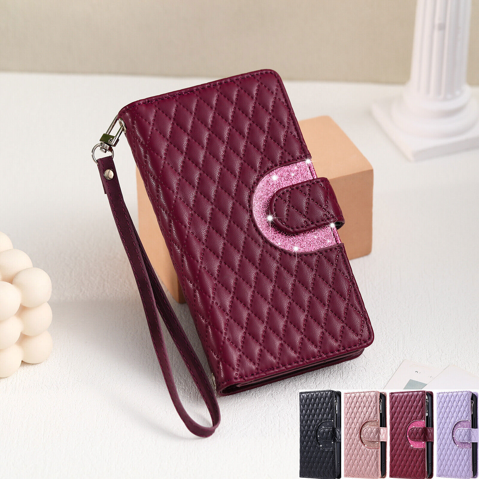 Strap Zipper Grid Leather Card Wallet Stand Phone Case For LG Q60 K50 K40 V30 G6