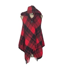 Takara Red Box Plaid Hooded Shawl Cape Sweater Vest Fringed Girls Sz L Holiday