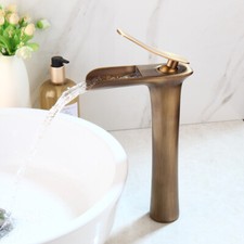Antique Brass Bathroom Basin Vessel Sink Mixer Waterfall Faucet Single Hole Taps