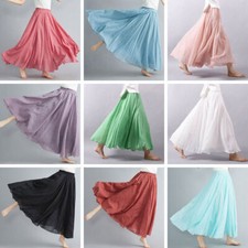 Women Linen Pleated Maxi Long Skirt Gypsy Hippie Beach Dress Double Layer White