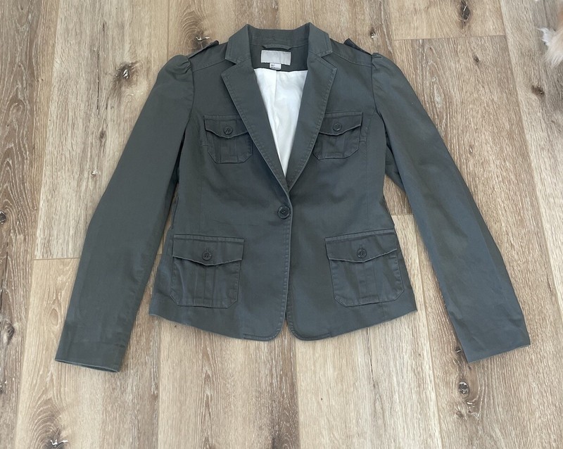 H&M Sz 6 Womens Grey Green Gray Jacket Coat Canvas Button Collar Shirt Top