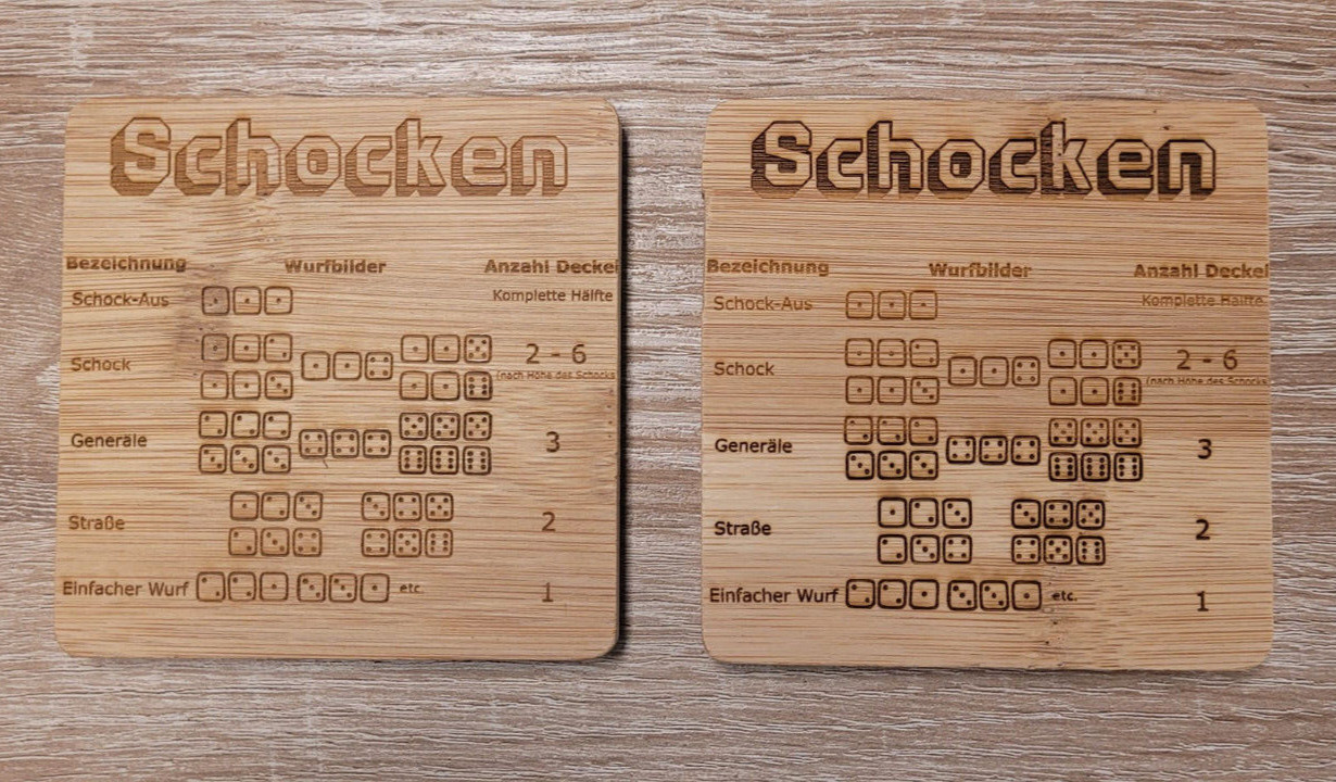 Schocken Meiern Schockbesteck UNTERSETZER lasergraviert Regeln 10x10cm Bambus