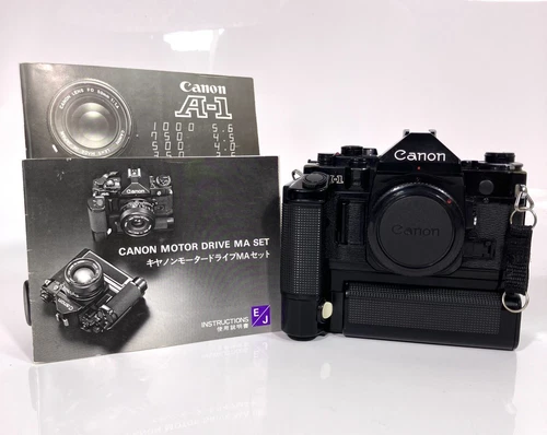 VTG Black Canon A-1 35mm Film Camera, Motor Drive/Battery Pack MA Set Japan