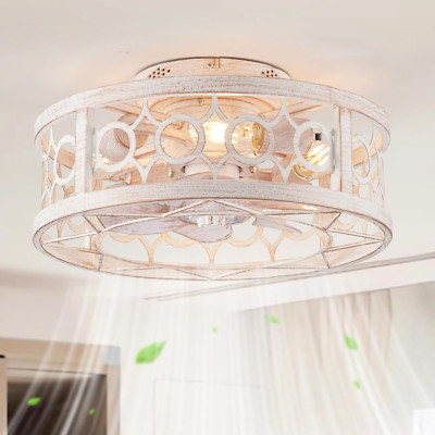 Caged Ceiling Fan with Light & Remote, 16'' Low Profile Farmhouse Design