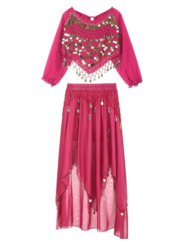 Damen Tanz Kostüm Bauchtänzerin Outfit Chiffon Crop Top mit Tanzrock - Bild 25 von 60