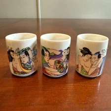 Vintage Japanese Shunga Porcelain Cups Set of 3 Erotic Art Teacups Signed