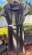 Tahari Size 10 Gray Belted Career Dress with Asymmetrical Collar