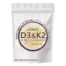 Vitamin D3 10000 iu Plus K2 (MK-7) 200 mcg, 300 Virgin Coconut Oil Softgels
