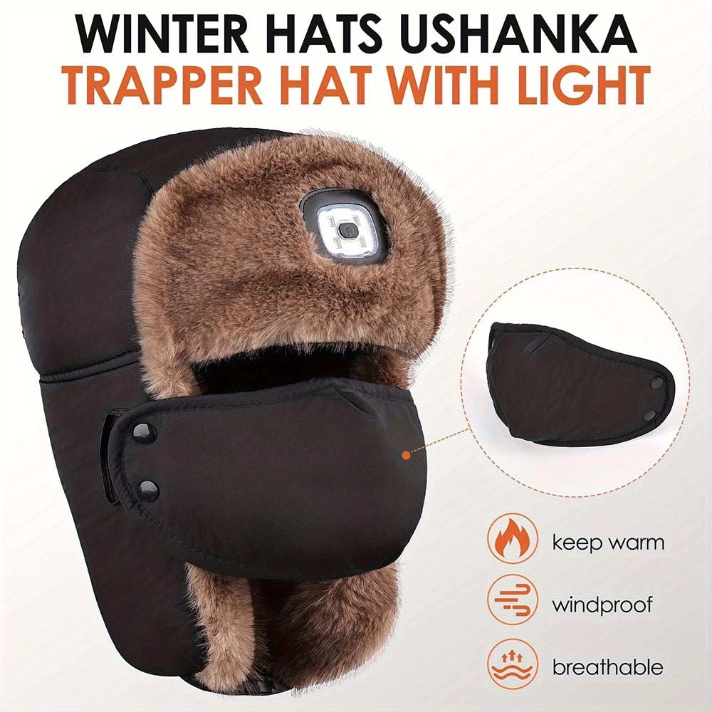 Tough Durable Windproof Trapper Hat with LED Light for Hunting & Snow Shoveling