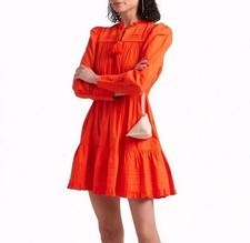 Ulla Johnson Ismaya 100% Cotton Orange Red Gathered Mini Dress Size US 4 UK 8