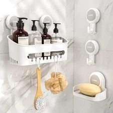 4 Pack Shower Caddy Set - Suction Cup Shower Shelf+Soap Dish+Hooks - 1 Sec In...