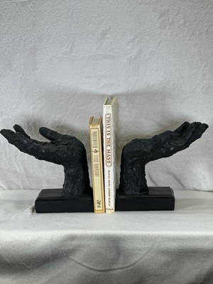 Book Ends Hands Black  Wood Base, Plaster Hands  Arty, Unique,