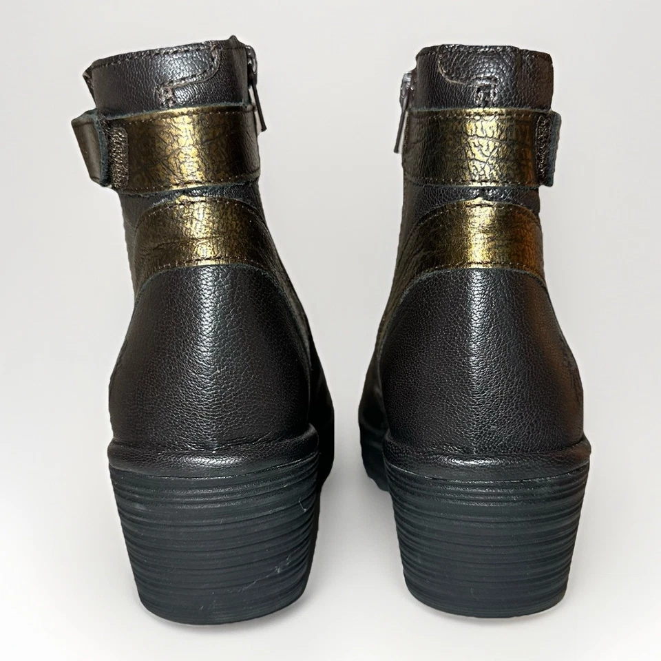 FLY LONDON Women Chocolate Brown Yado Leather Wedge Booties US 6.5-7 EU 37 WIDE - Image 3 of 4