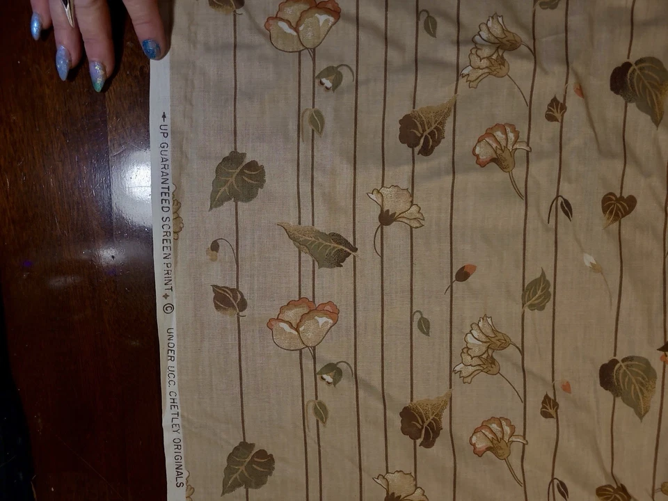 12 Yards Cotton 70s Vintage Fabric "Chetley Originals" Screen Print Tan Floral - Image 3 of 4