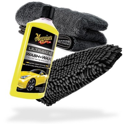 Meguiars Wash & Wax Shampoo 473ml + Waschhandschuh schwarz+ Trockentuch 40x55cm