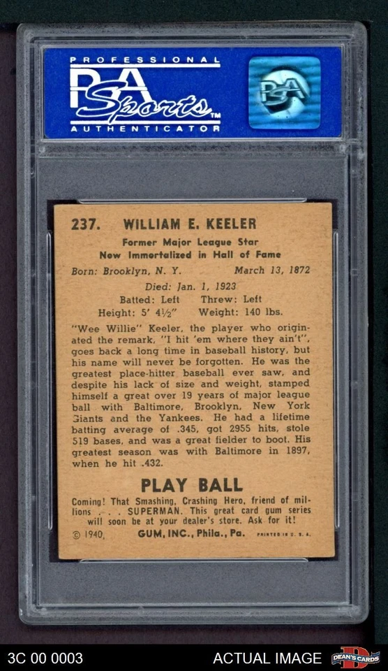 1940 Play Ball #237 Willie Keeler HOF PSA 6 - EX/MT - Image 2 of 2