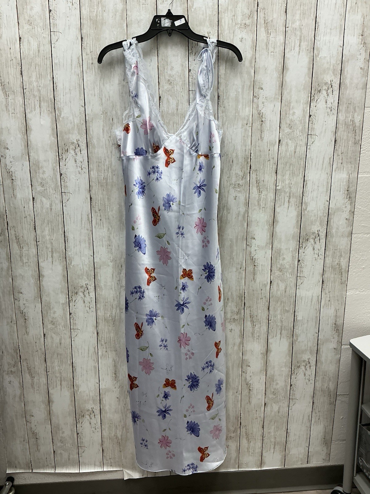 Valerie Stevens Size L Floral & Butterfly Satin Slip Dress with Lace Trim
